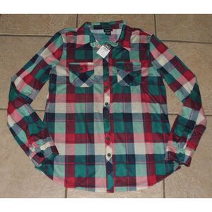 RUE21 Multicolored Plaid Sz Large Button Up Long Roll Tab Sleeve Shirt NEW NWT